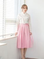 Moderní Hanbok - kostkovaný top a růžová sukně - Obrázek 4