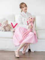 Moderní Hanbok - kostkovaný top a růžová sukně - Obrázek 2